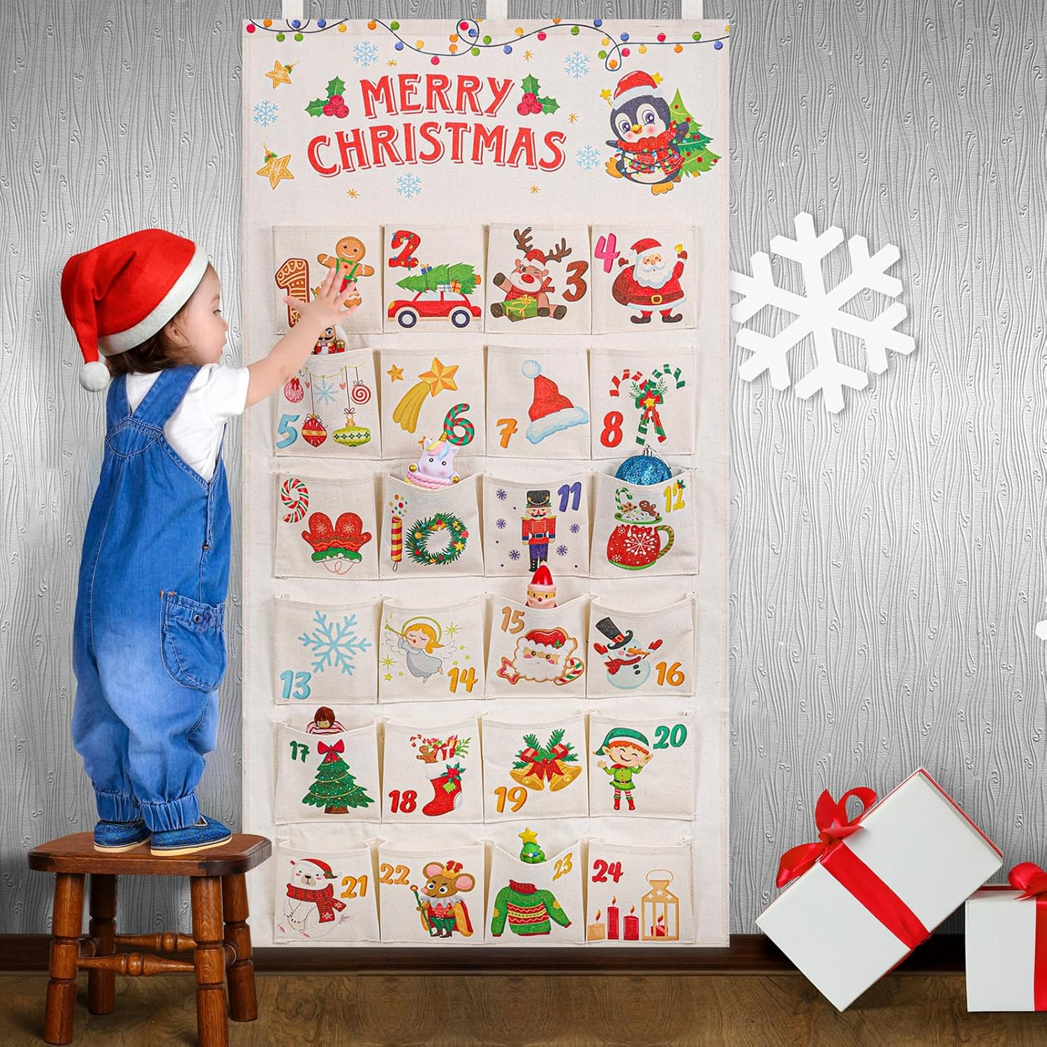 HOWAF Fabric Christmas Advent Calendar (Countdown to Christmas), 24 Days Mystery Christmas Countdown Calendar with 24 Pockets for Xmas Holiday Home Wall Decoration image number 3