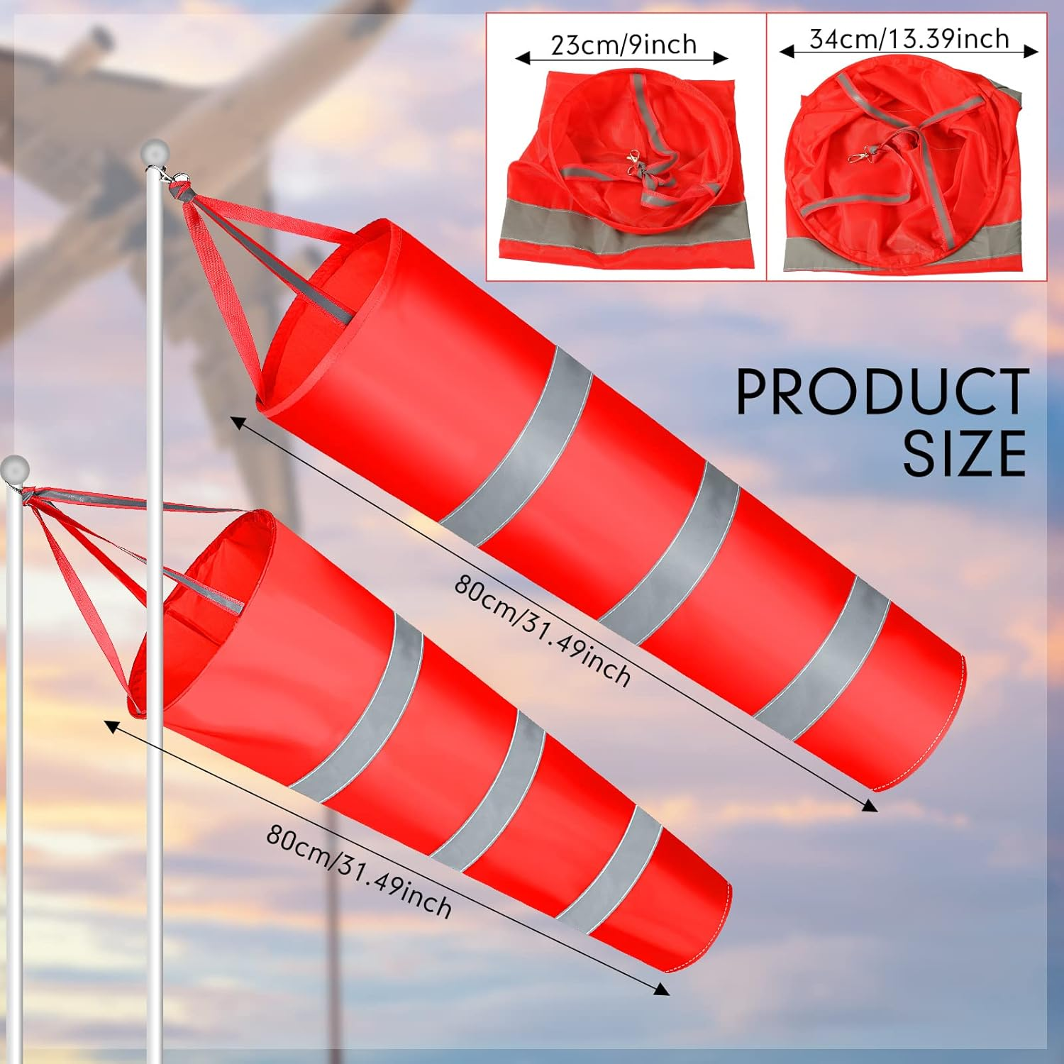 2 Pcs Airport Windsocks Measurement Sock Bag with Reflective Belt Oxford Fabric Ripstop Wind Sock Wind Direction Indicator Windsocks Outdoor Aviation Flag for Airport Farm, 31.5 Inch, 39 Inch(Red) image number 6