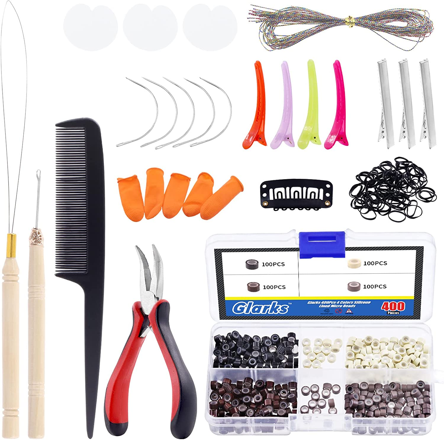 Glarks 574Pcs Hair Extension Tools Kit Including 4 Colors Micro Ring Links Beads, Micro Beads Plier, Hook Needle Pulling Loop, Hair Extension Plier, Duckbill Hair Clips, Combs, Mini Rubber Bands image number 6
