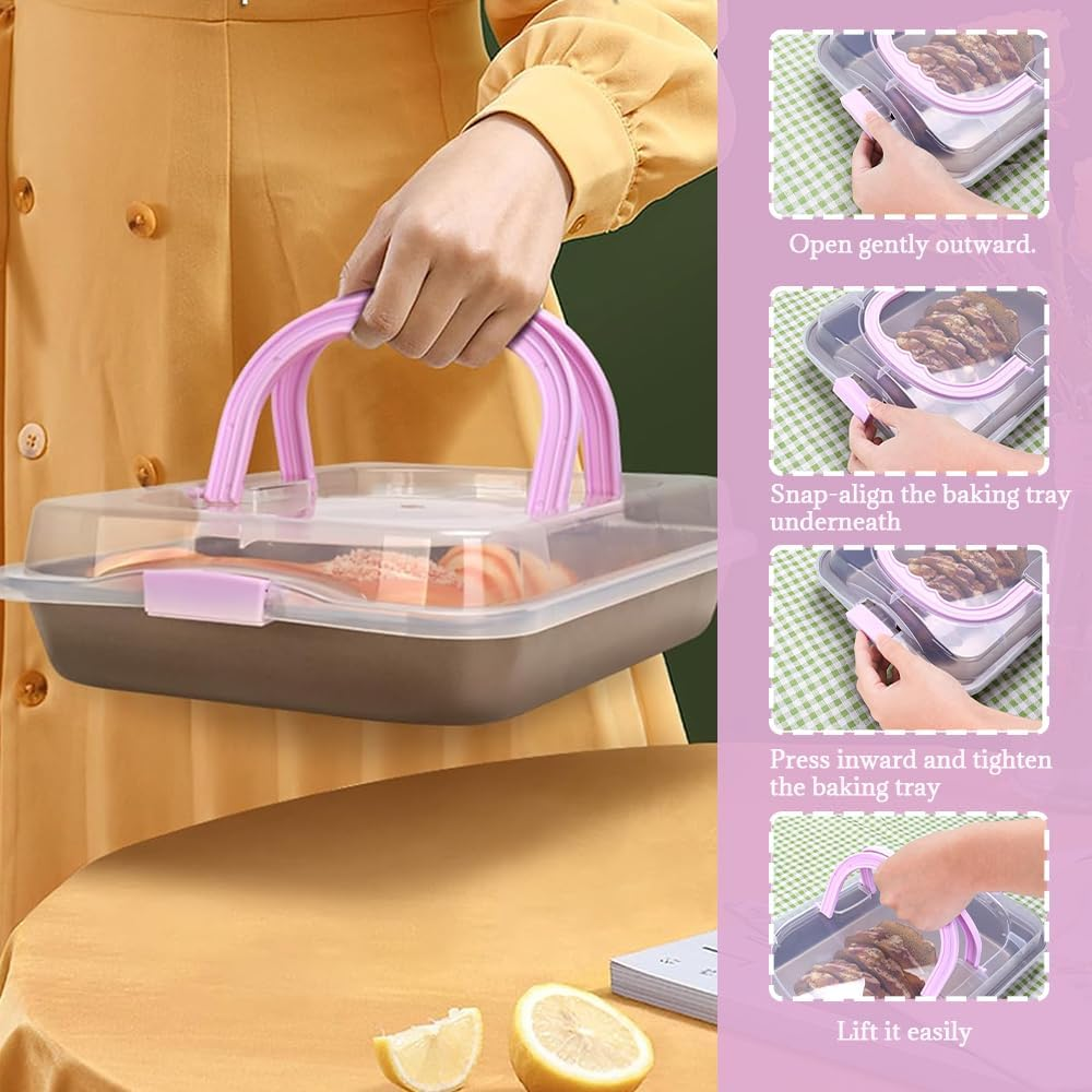Cake Pan with Lid, Metal Baking Pan and Transparent Plastic Lid, Rectangular Cake Pan Holder with Handle for Easy Carrying, Suitable for Outdoor Dinners, Parties, Home Kitchens, Bakery Baking image number 1