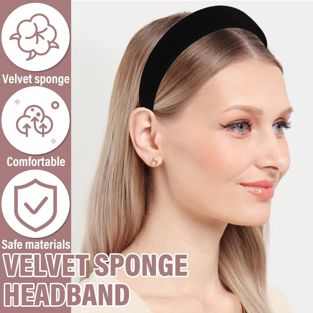 2 Pieces Women Velvet Fabric Padded Headbands Retro Vintage Solid Plain Headbands for Women and Girls (Black/Burgundy) image number 3