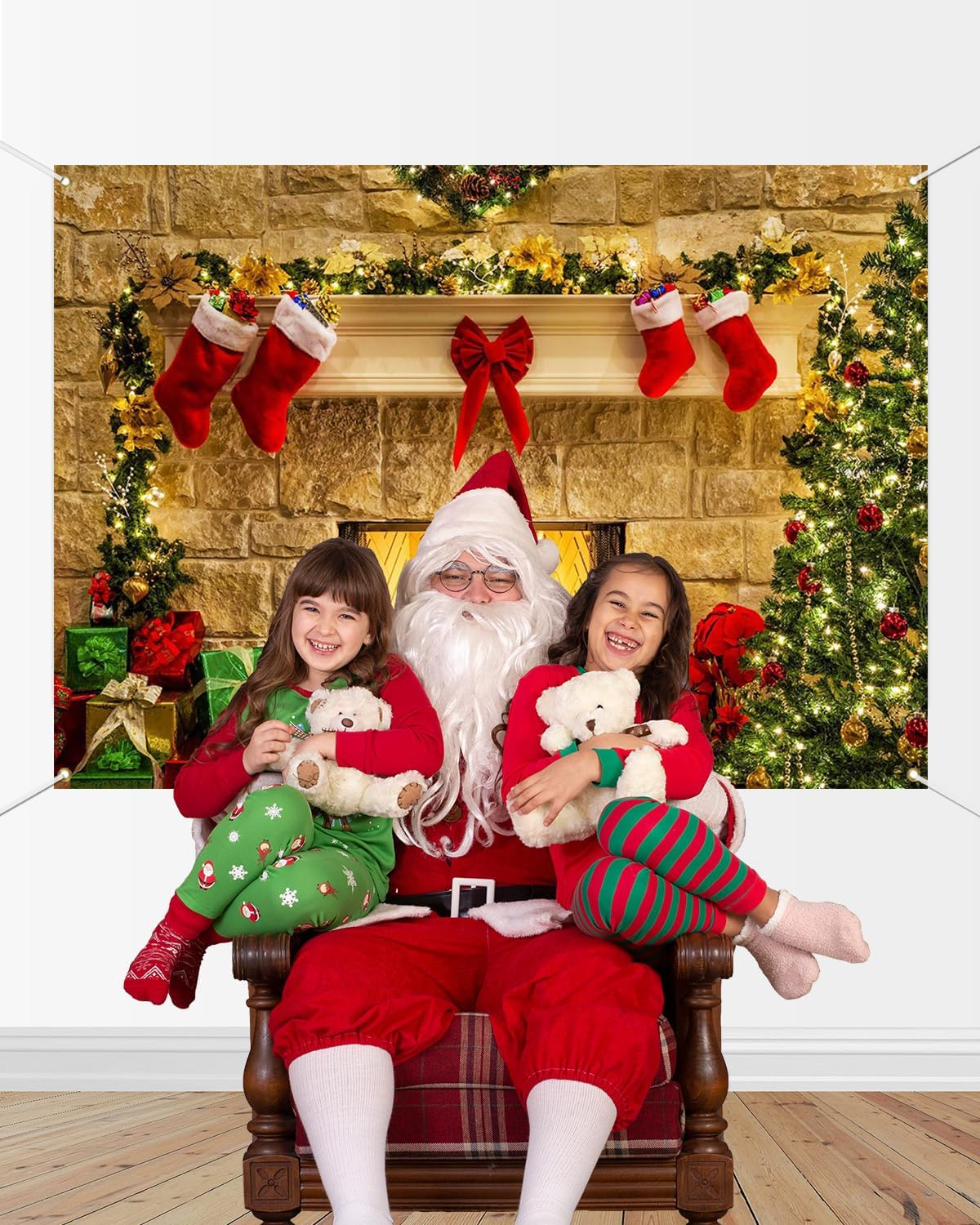 Mocsicka Christmas Themed Background Christmas Fireplace Backdrop Christmas Tree Gift Box Red Boots Adorn Background 8X6Ft Vinyl Backdrop Childrens Party Photography Background image number 6