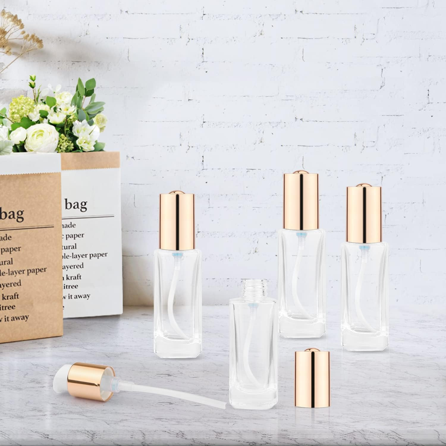 4 Pack 30Ml/1Oz Clear Glass Pump Bottle Empty Square Lotion Foundation Container Refillable Cosmetic Dispenser with Press Pump for Essence Emulsion Cleanser Body Cream - Golden Lid image number 4