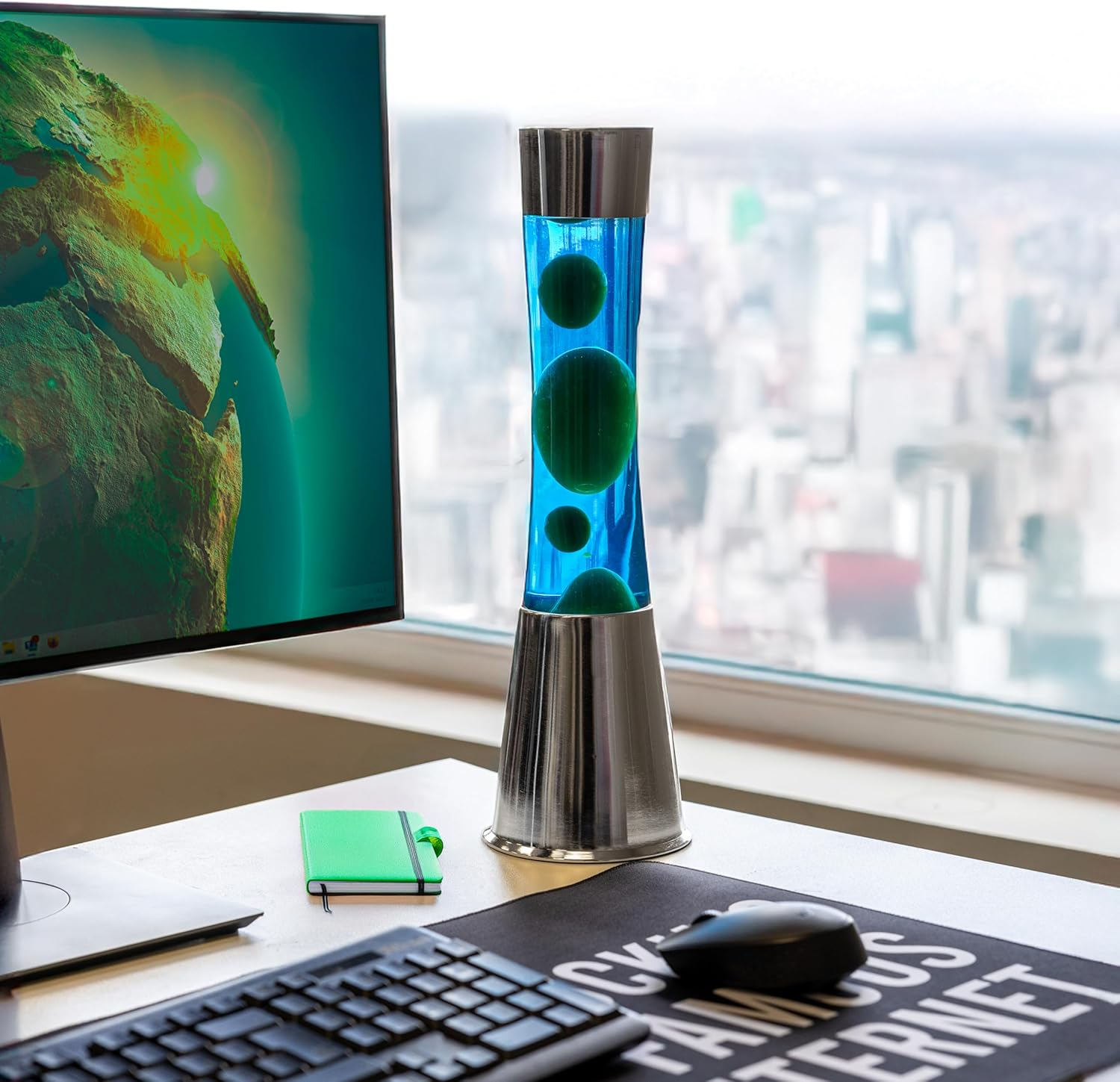 Fisura Lava Lamp with Chrome Base, Blue Liquid and Green Lava, Relaxing Effect, with Spare Bulb Included, Dimensions 11 Cm X 11 Cm X 39.5 Cm image number 2