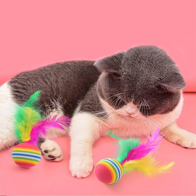 12Pcs Rainbow Cat Toy Balls Soft EVA Foam Interactive Toys with Feather Cat Toy,Cat Balls with Feather,Pet Cat Latex Foam Ball with Feather Toy for Dogs Cats Puppy Indoor Outdoor Playing Training image number 1