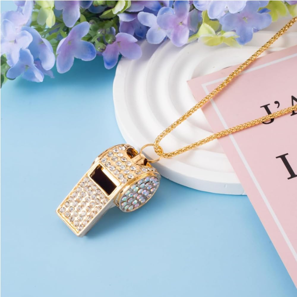 2Pcs Gold Diamond Metal Bling Crystal Rhinestone Whistles with Golden Chain Lanyard Shining,Bling Whistle,Loud Sound,Sports Gift Gear for Referees,Teachers,Sports Competition,Basketball,Training image number 1