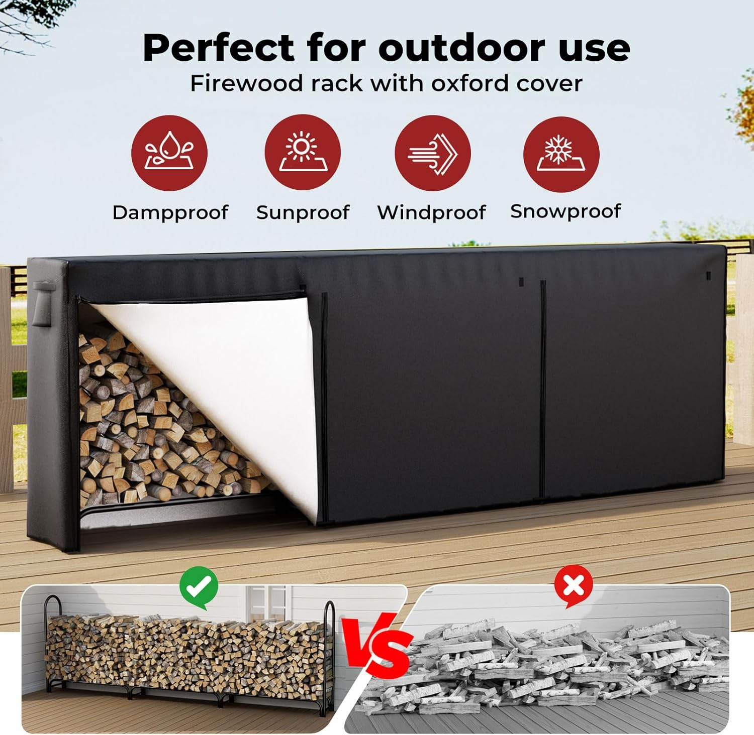Moyasu 11.8 FT Firewood Rack with Waterproof Cover, Heavy Duty Wood Rack for Indoor Outdoor, Fire Wood Storage Rack with Side Pocket, Log Racks for Firewood,Wood Pile Stacker Firewood Holder, Black image number 5