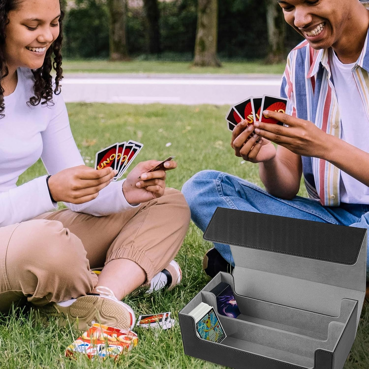 3-Row Card Storage Case for 1800+ Cards,Mtg Deck Box Storage Trading Card Storage Box Mtg Card Storage Magic Card Storage Box Trading Card Box Ideal for Trading Cards and Sports Cards &ndash; Black & Grey image number 1