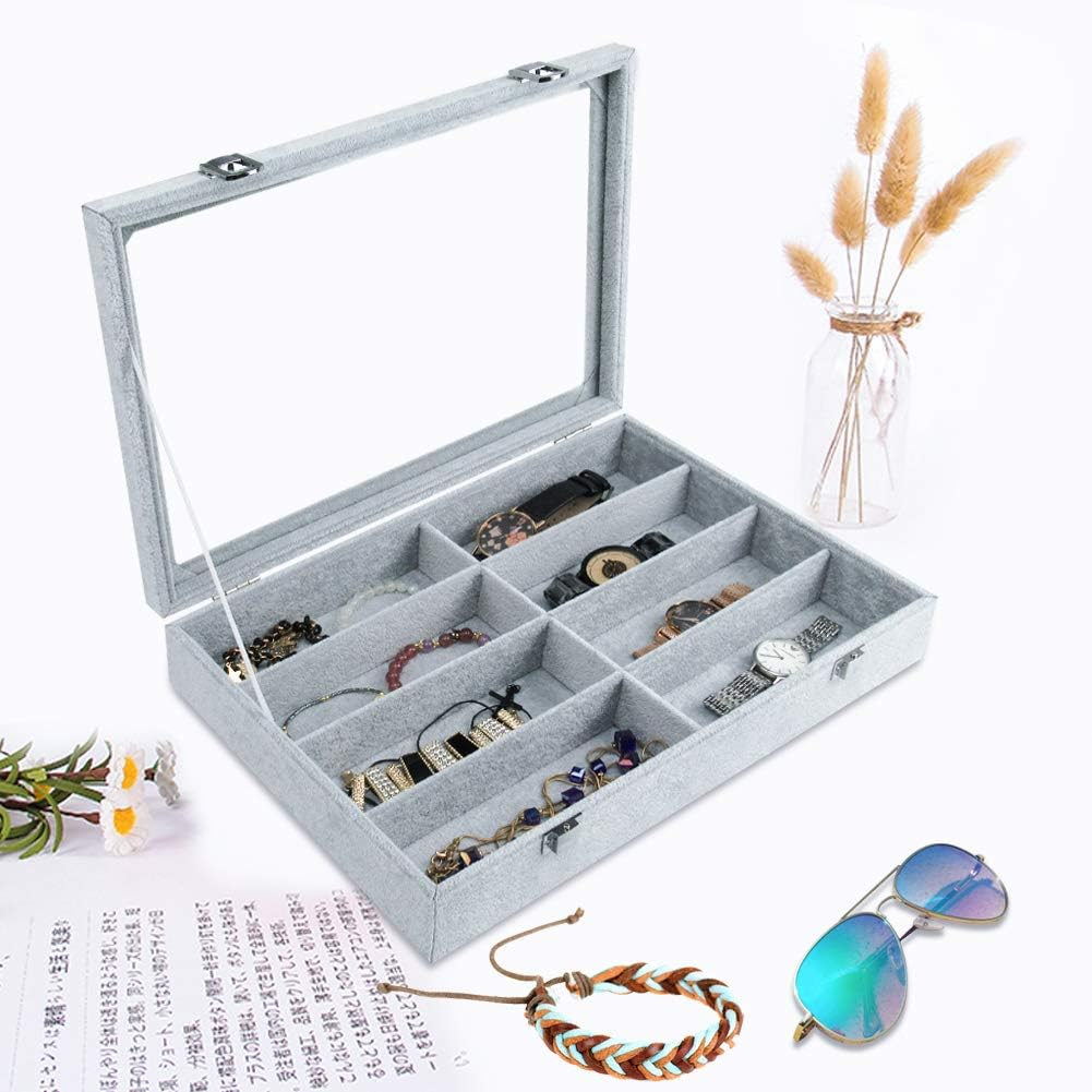Tasybox Sunglasses Organizer Eyeglass Holder 8 Slot Eyewear Storage Box Velvet Display Case for Women and Men Grey - Grey image number 4