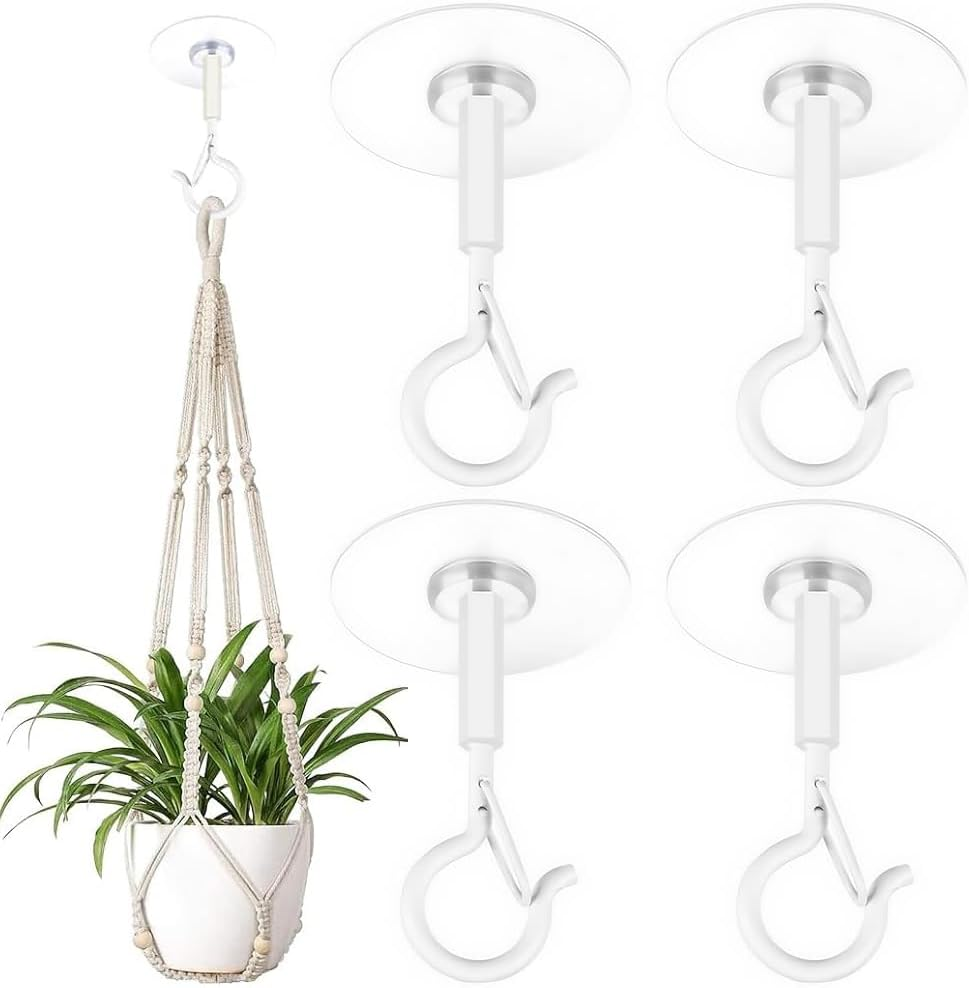 4 Pack Heavy Duty Ceiling Hooks for Hanging Planters, Bird Feeders, Lanterns and Outdoor Decorations &ndash; Strong Self-Adhesive Hooks for Home and Garden Use (White)