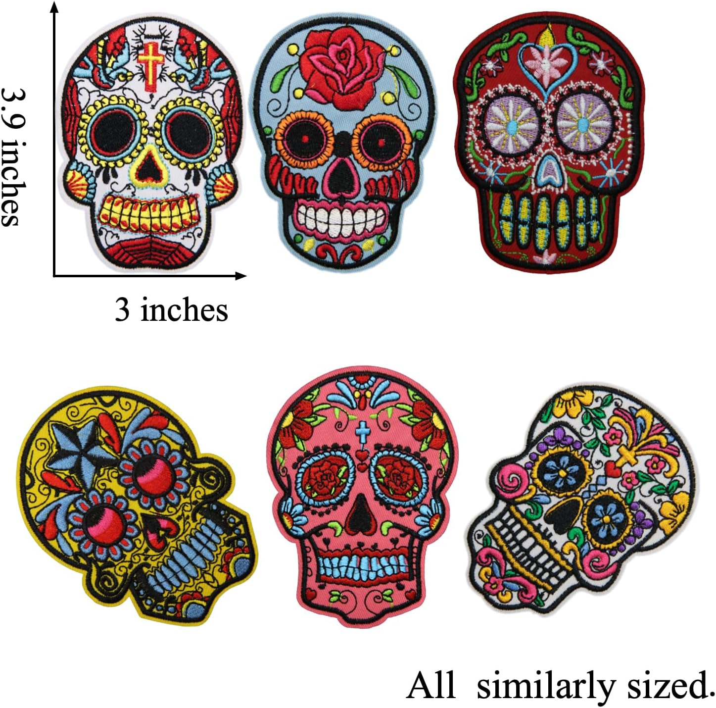 HEYTRCO 6PCS Sugar Skull Iron on Patches, Calavera Embroidered Repair Patches for Clothes, Custom Vintage Day of the Dead Applique for Hats, Jeans, Jackets, Bags, Backpacks, Dress image number 3