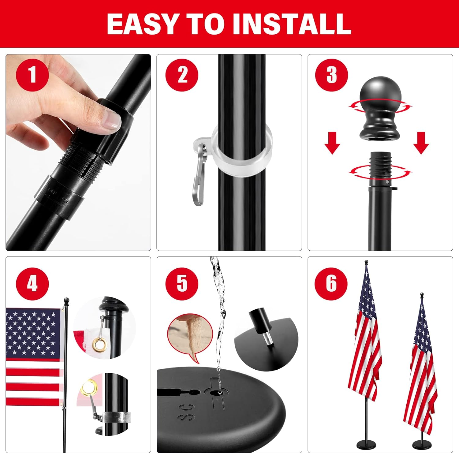 SENZHIYI Indoor Telescoping Flag Pole with Base 6Ft-8Ft,Aluminum Commercial Indoor Flagpole with Black Ball Top Finial,Heavy Duty Indoor Flag Pole Kit for Office School City Hall image number 2