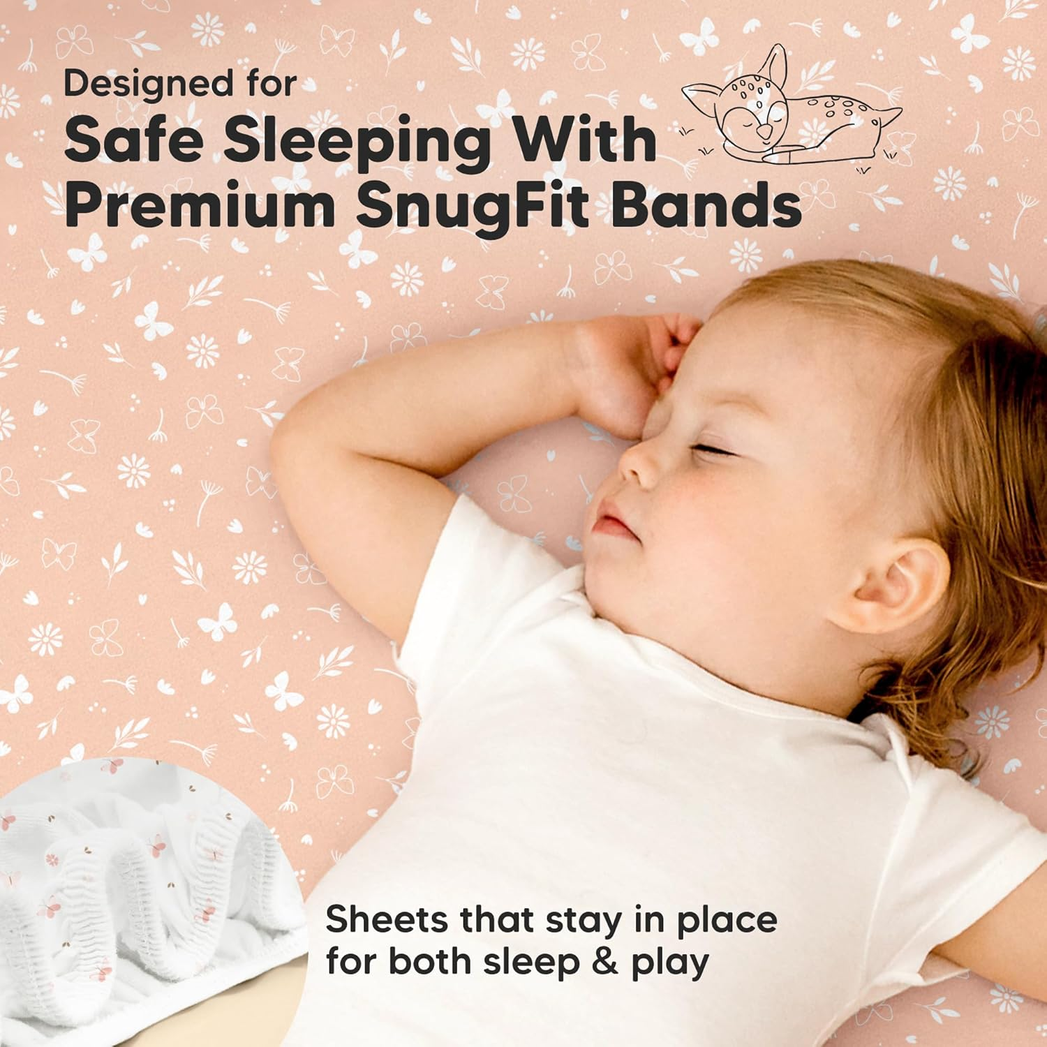 2-Pack Mini Cot Sheets Fitted - Bamboo Baby Cot Sheets Fitted for Pack N Play Mattress 97X66Cm, Soft & Cozy, Neutral Toddler Playard Bedding, Snug Mini Baby Crib Mattress Cover Boy, Girl (Butterflies) - Bunnies image number 3