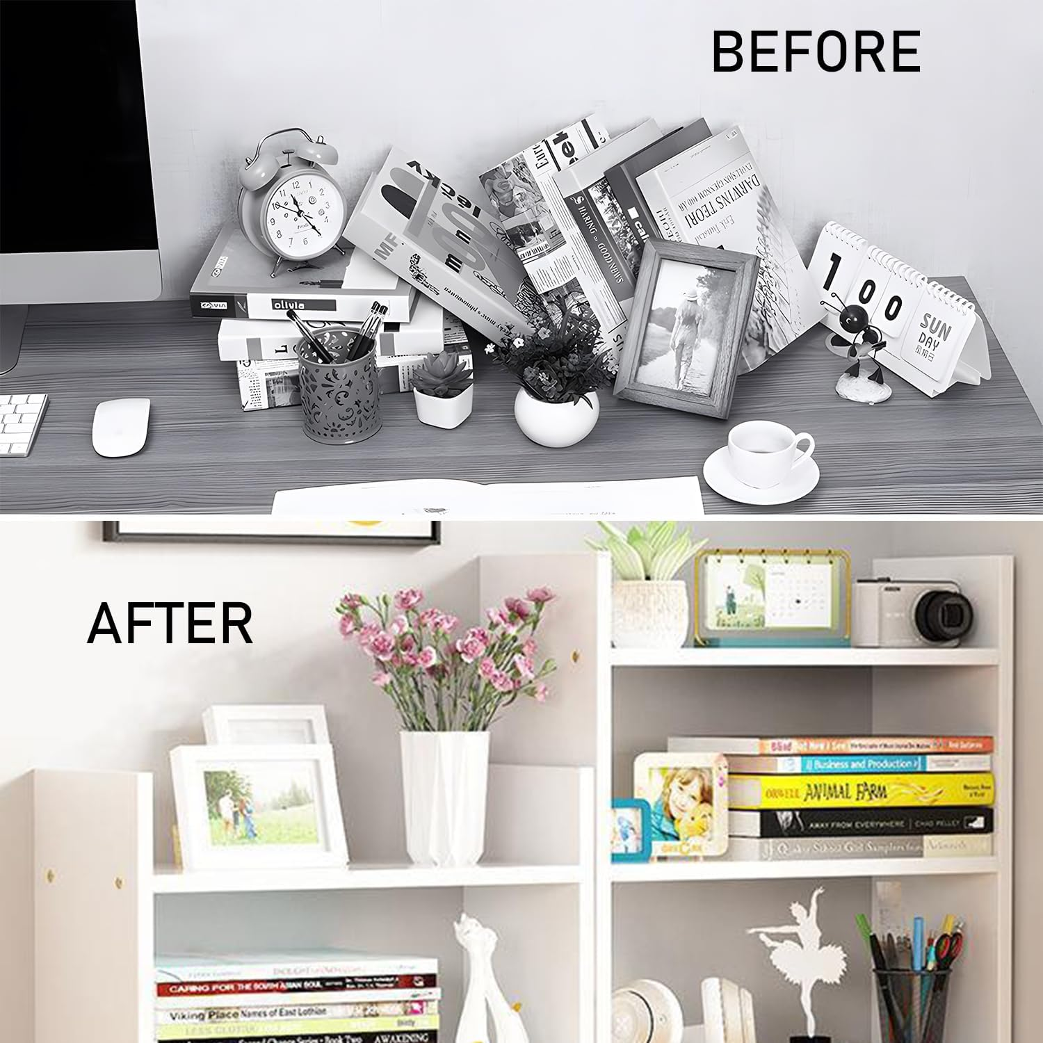 Uandhome Desktop Bookshelf,3-Tier Desktop Display Organizer Rack,Multipurpose Wood Desktop Bookshelf Storage Organizer for Dorm Office Home(White) (White) image number 4