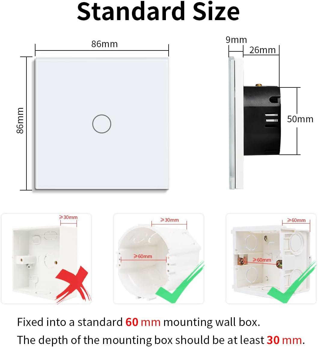 JIMEIDA Smart Touch Light Switch, White Glass Panel, 600 W, Smart Light Switch for Alexa, Google Home, 1 Gang with Status LED, Neutral Conductor Required image number 6