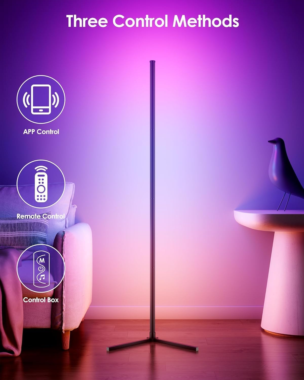 Smart RGB Corner Floor Lamp, 16 Million Colors LED Floor Light with App & Remote Control, 68+ Scene Modes Music Sync for Bedroom, Living Room, Gaming Room, Dimmable Ambient Mood Lighting image number 4