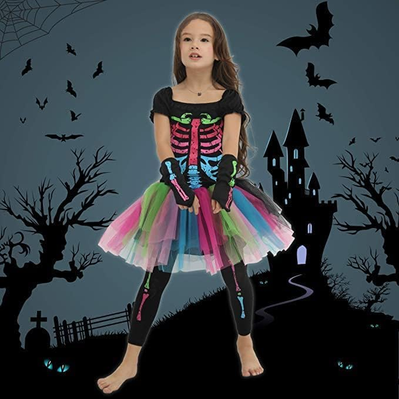Girls Skeleton Costume, Glow in the Dark, Punk Bones Halloween Tutu Dress for Kids Halloween Party Dress Up image number 1