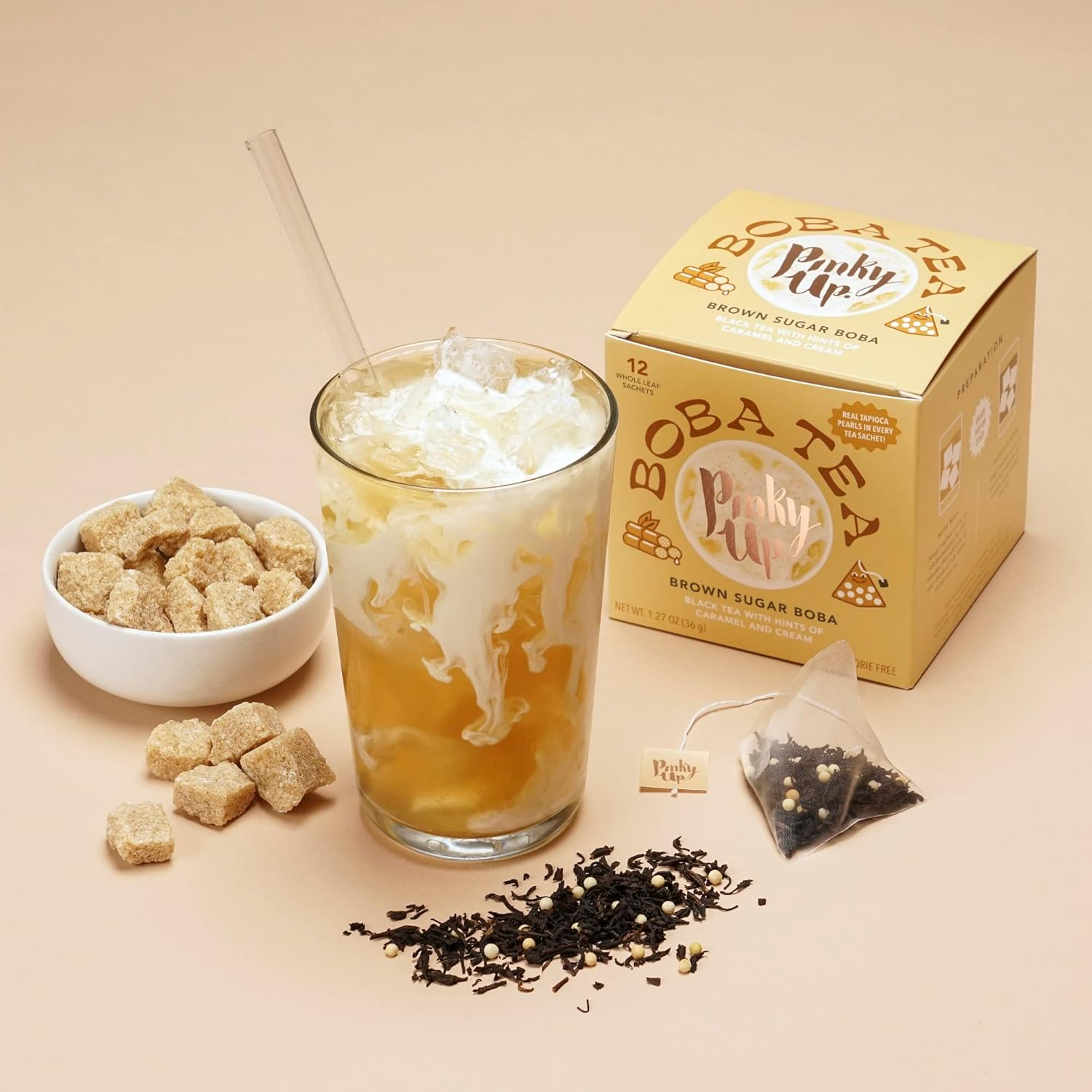Pinky up Brown Sugar Boba Tea Sachets - Calorie Free Whole Leaf Black Tea Bubble Tea - Boba Gift 12 Biodegradable Tea Bags