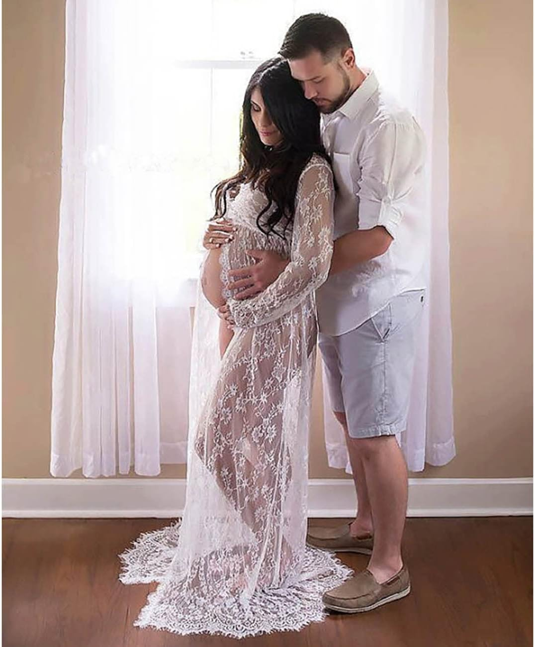 COSYOU Open Belly Maternity Dresses for Photography Black White Gown Split Front Cute Dress &hellip; image number 5