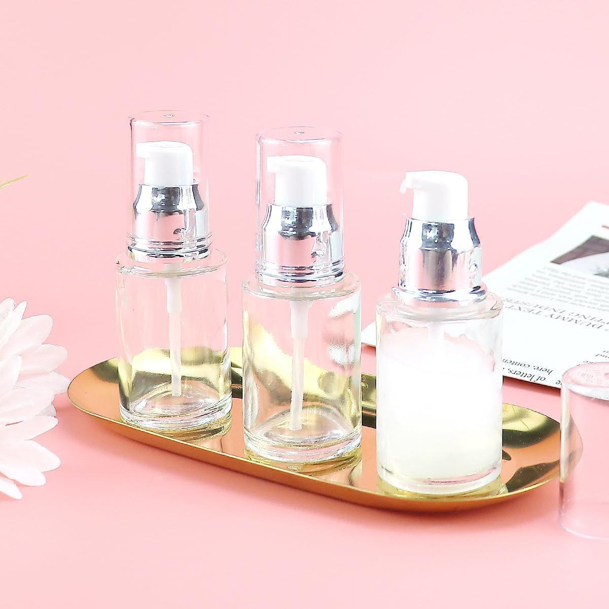 LNQ LUNIQI Pack of 3 Empty Pump Bottles Glass, 30 Ml Small Pump Dispenser Travel, Refillable Lotion Bottle, Transparent Travel Bottles for Cosmetics Lotion image number 6