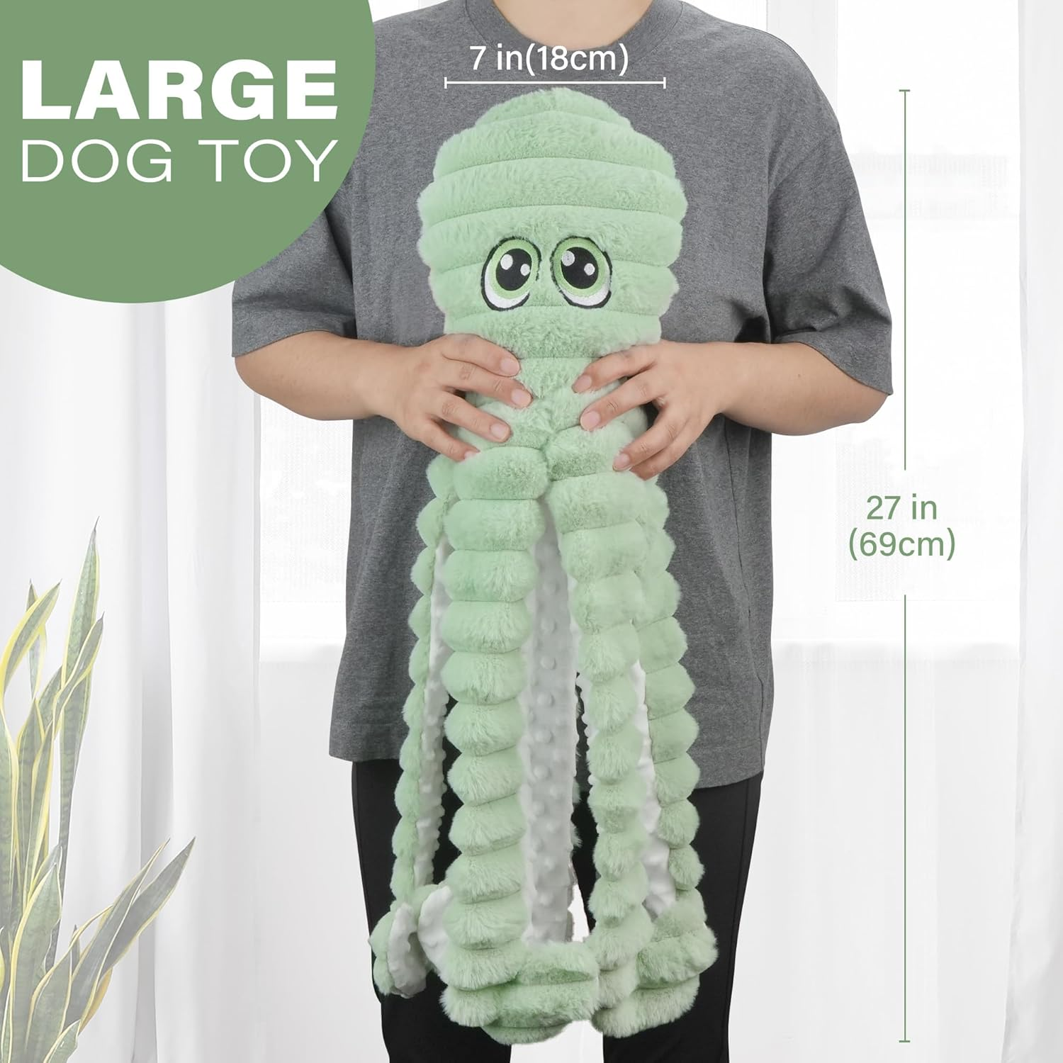 Prime Pets Dog Toys for Large Dogs, 27&rdquo; Extra Large Plush Octopus Dog Toy, Crinkle Squeaky Dog Toy for Small Medium Large Breeds, Interactive Stuffed Chew Toys to Keep Them Busy, Green - Blue image number 6
