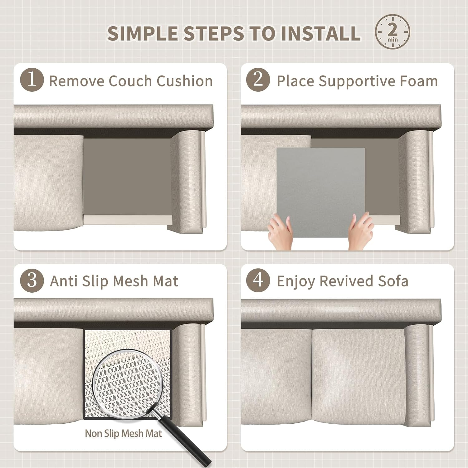 HAVARGO Couch Cushion Support High Density Foam 22X22X2.4 Inches Sofa Couch Supports for Sagging Cushions Light Grey 1Pc with anti Slip Mesh Fabric image number 4