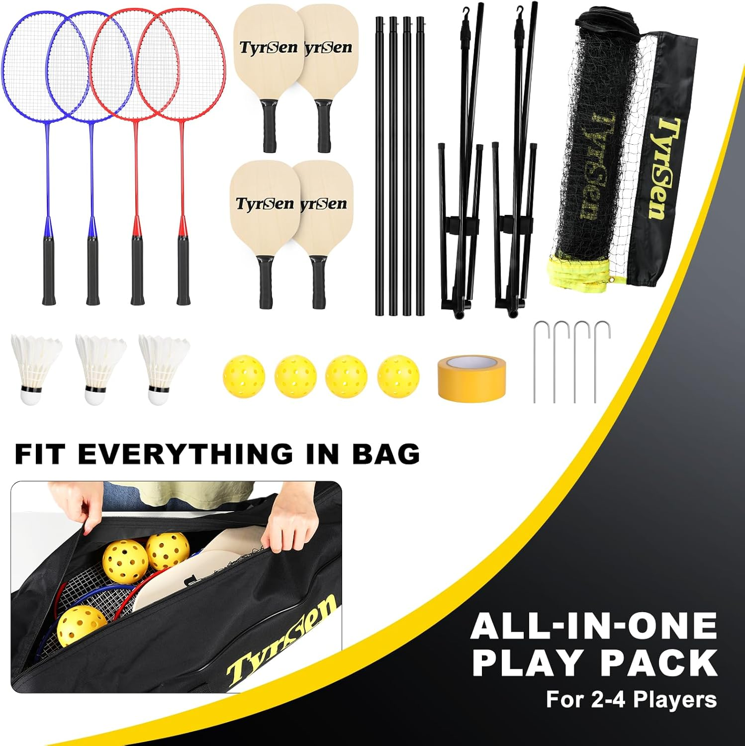 TYRSEN Portable Pickleball Badminton Net Set, 17FT Adjustable Heights All-In-One Net W/4 Pickleball Paddles 4 Badminton Rackets, Freestanding Pickleball Badminton Net for Backyard Driveway image number 3