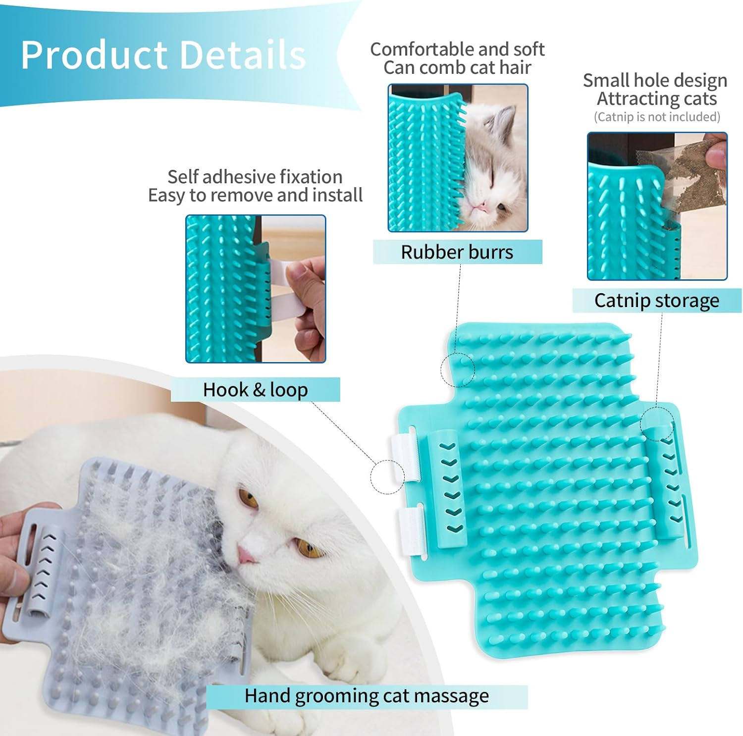 2 Pack Cat Self Groomer, Rubber Table Corner Face Wall Scratcher, Soft Pet Chin Head Grooming Brush Comb for Indoor Kitten Puppy Relaxing Bathing Cleaning, Gray - Green image number 5