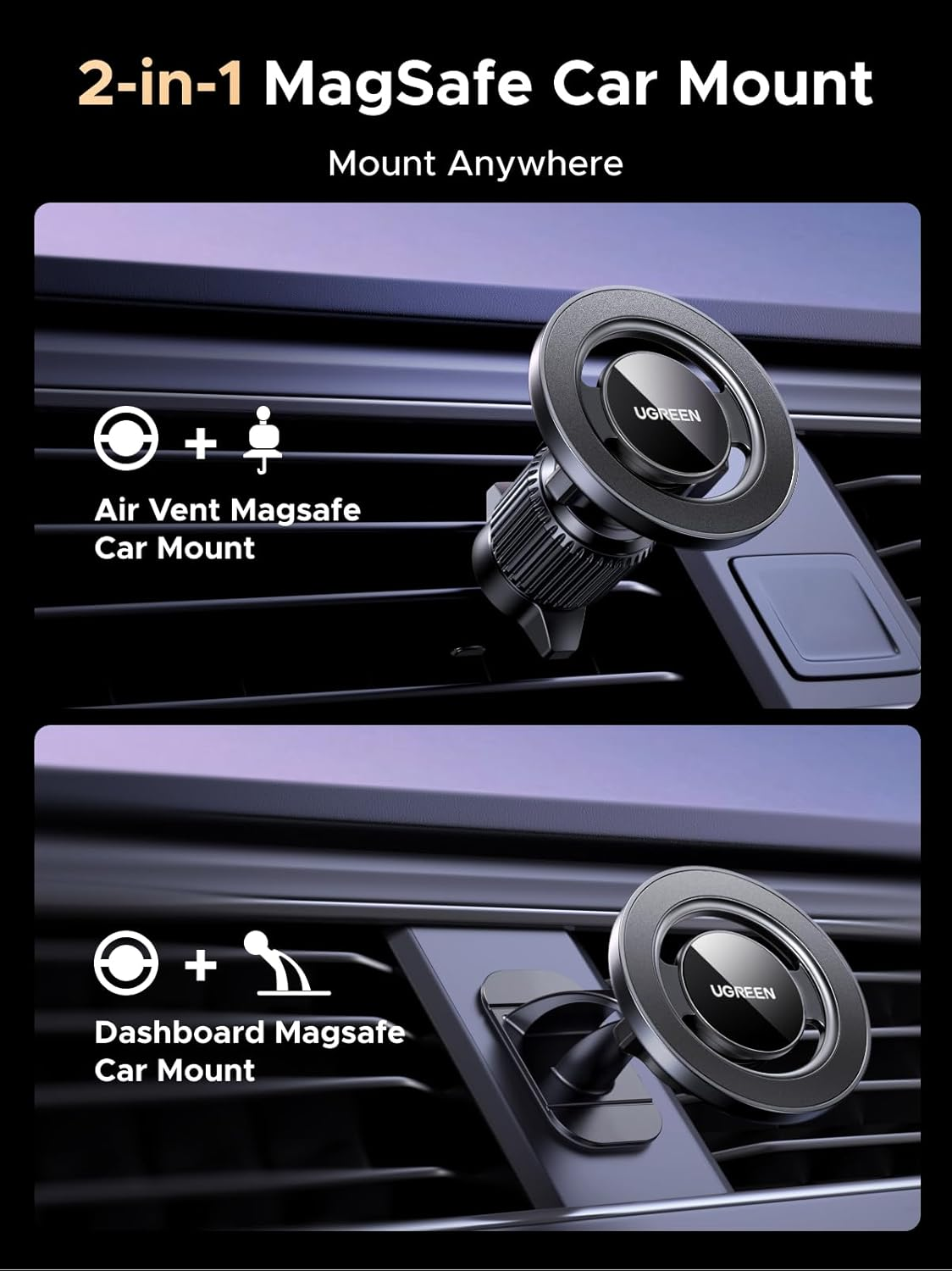 UGREEN 2-In-1 Magsafe Car Mount, Magnetic Phone Holder for Cars Air Vent Dashboard, 360&deg;Rotatable Car Phone Holder Cradle Compatible with Iphone 17 Pro Max Air 16 15 14 13 12 image number 2