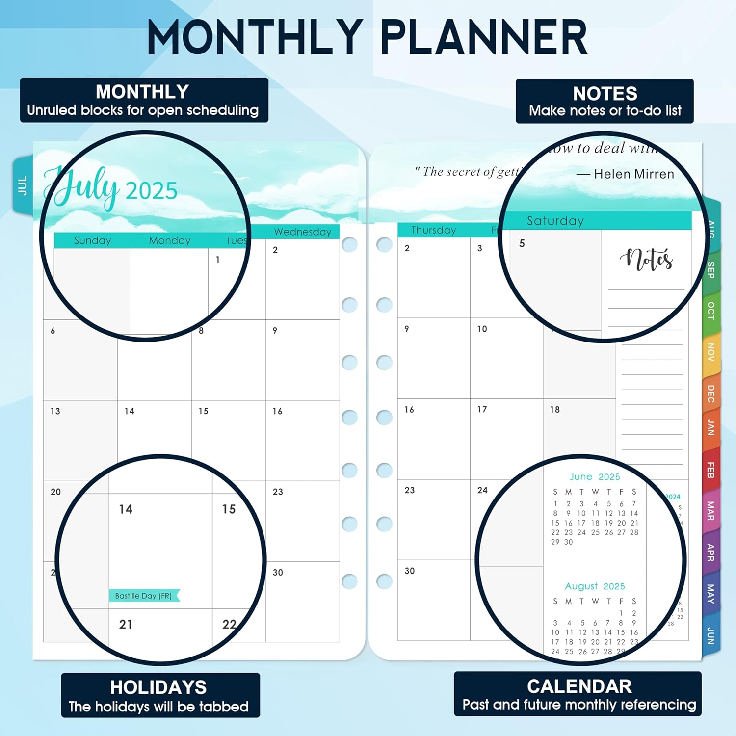 2025-2026 Monthly Planner Refills - 7-Hole Planner Inserts from JULY 2025 to JUNE 2026, 5.5'' X 8.5'', A5 Planner Refills, 2025-2026 Weekly and Monthly Calendar with 7-Hole Punched image number 6