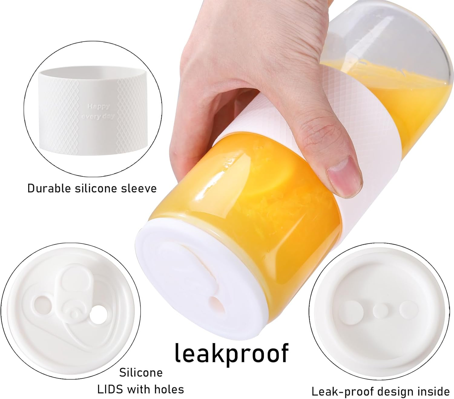 20Oz Can Shaped Glass Cups with Lids and Glass Straws, 2PCS Drinking Glasses with Lids and Straws, and Silicone Sleeves, Beer Glasses, Iced Coffee Cups, Soda, Gift 2 Cleaning Brushes - White image number 3