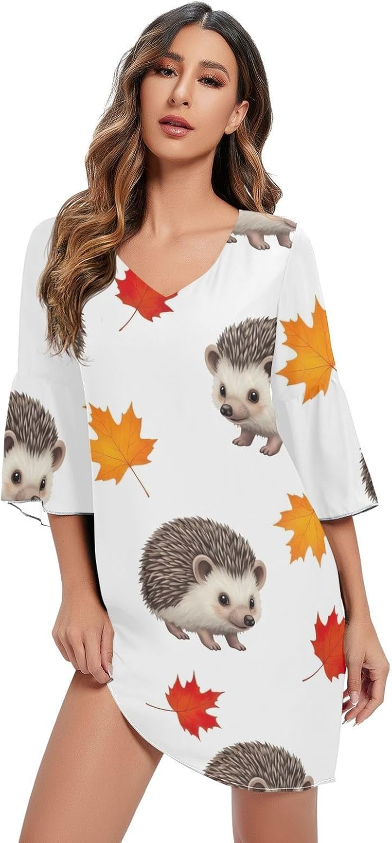 Hedgehog Fall Leaves Chiffon Dress Printed Line Maternity Dress