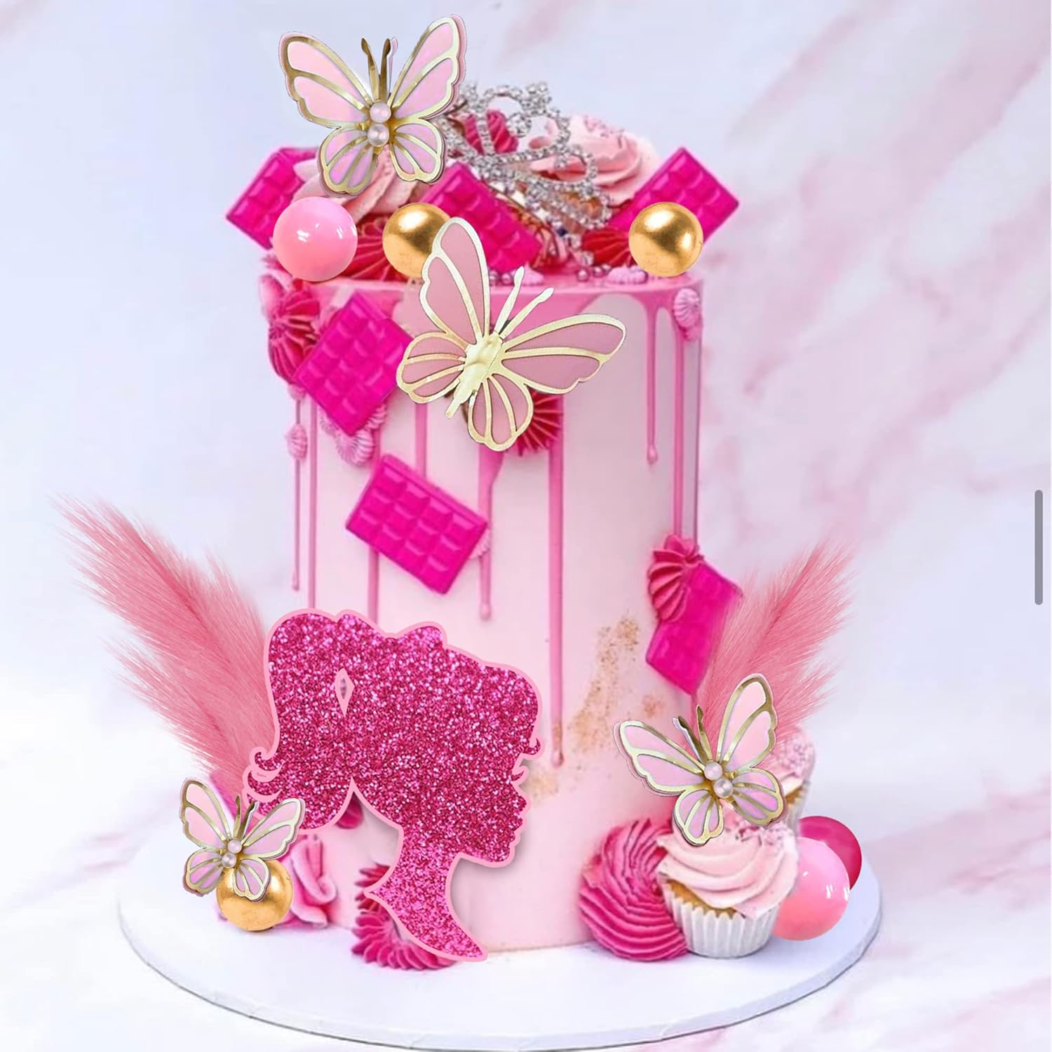 Hot Pink Girl Cake Topper Balls Cake Decorations with Shiny Stars for Wedding Baby Shower Birthday Supplies (Butterfly) image number 6