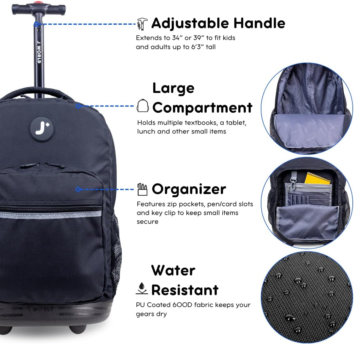 J World Sunrise Kids Rolling Backpack for Girls Boys. Roller Bookbag with Wheels for School, Black, 18", Sunrise Kids Rolling Backpack for Girls Boys Teen. Roller Bookbag with Wheels image number 1