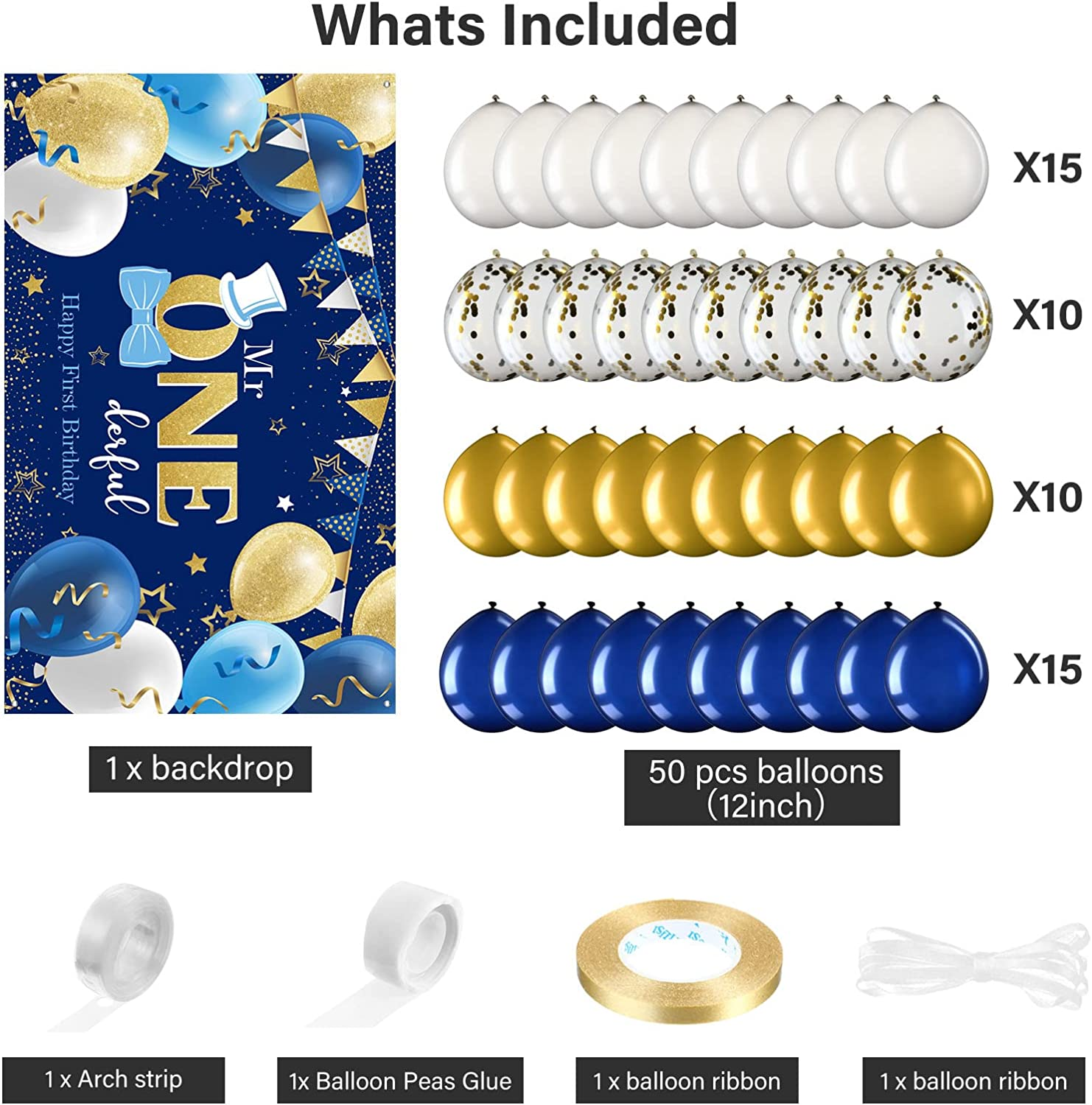 Mr. Onederful 1St Birthday Decoration Party Supplies - Happy Birthday Backdrop Photography Background with Balloons for Baby Toddler Little Man First Decor (Blue and Gold) image number 2