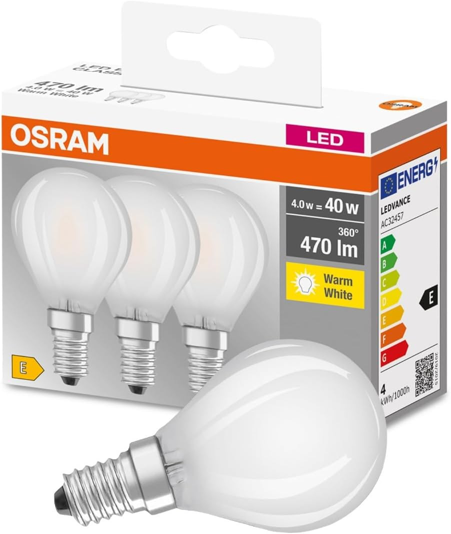 Osram LED Base Classic P Lamp, Teardrop Shape with E14 Socket, Non-Dimmable, Replaces 40 Watt, Matt, Warm White - 2700 Kelvin, Pack of 3 (Pack of 1) image number 1
