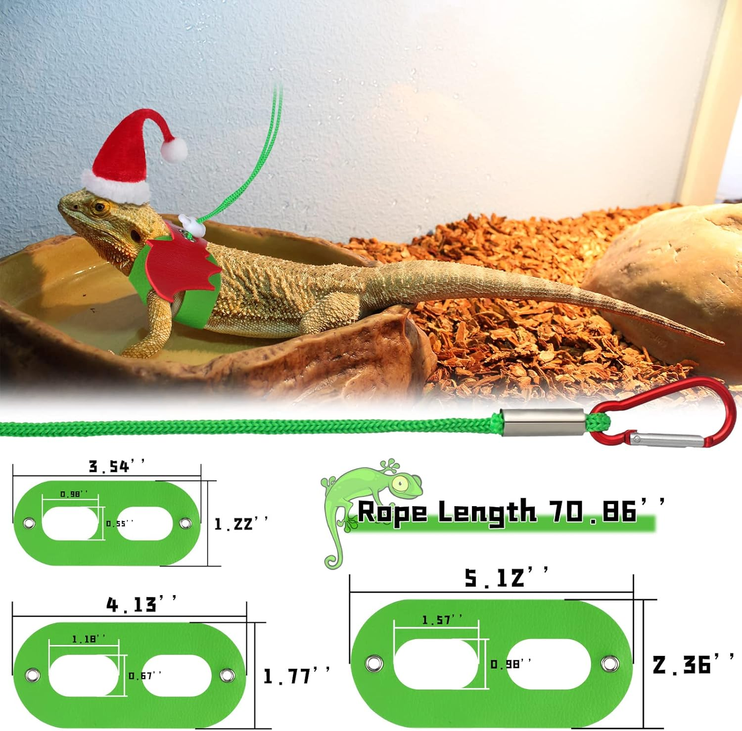 7 Piece Christmas Bearded Dragon Costume Set - Santa Hat, Scarf, Leash Harness - Xmas Lizard Accessories for Reptile Cosplay Photo Prop, Red image number 1