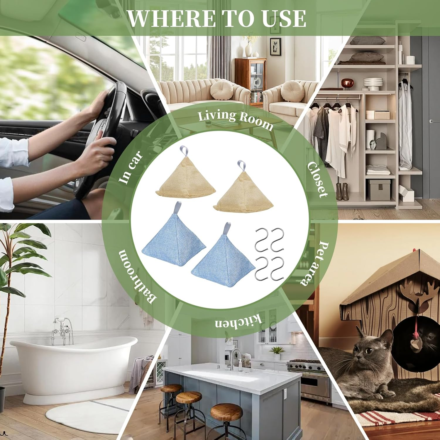 4 Pack Activated Bamboo Charcoal Bags with 4 Hooks Air Purifier Deodorizer Bags Dehumidifier Bags Stylish Pyramid Design Applicable to Car Closet Bathroom Basement Litter Box Shoe Air Fresheners Bags image number 4