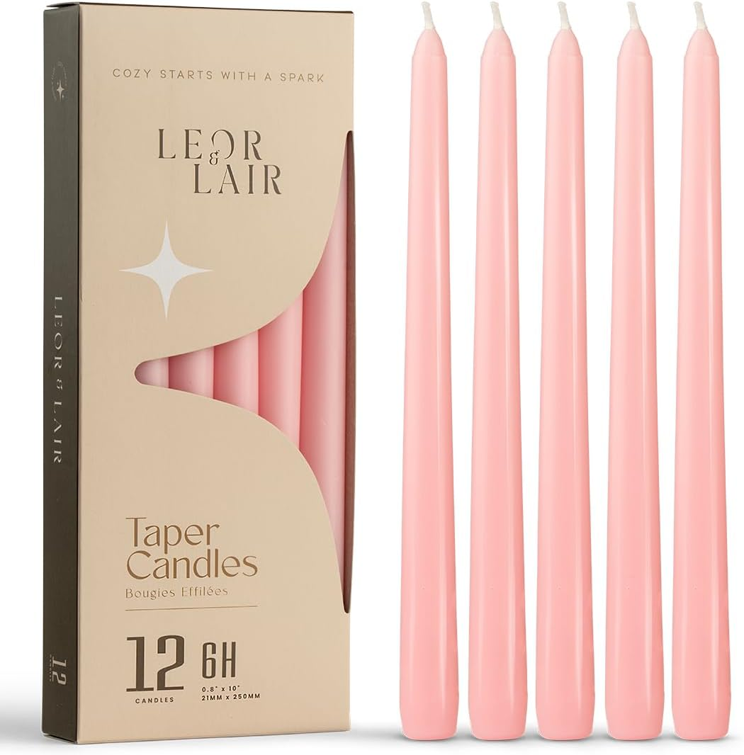 Leor & Lair Light Pink Taper Candles - 12 Pack 10" Pink Candlesticks - Unscented Blush Candles for Weddings, Mother&rsquo;S Day, Baby Showers, Dinner Table & Holiday Decor - Black image number 7
