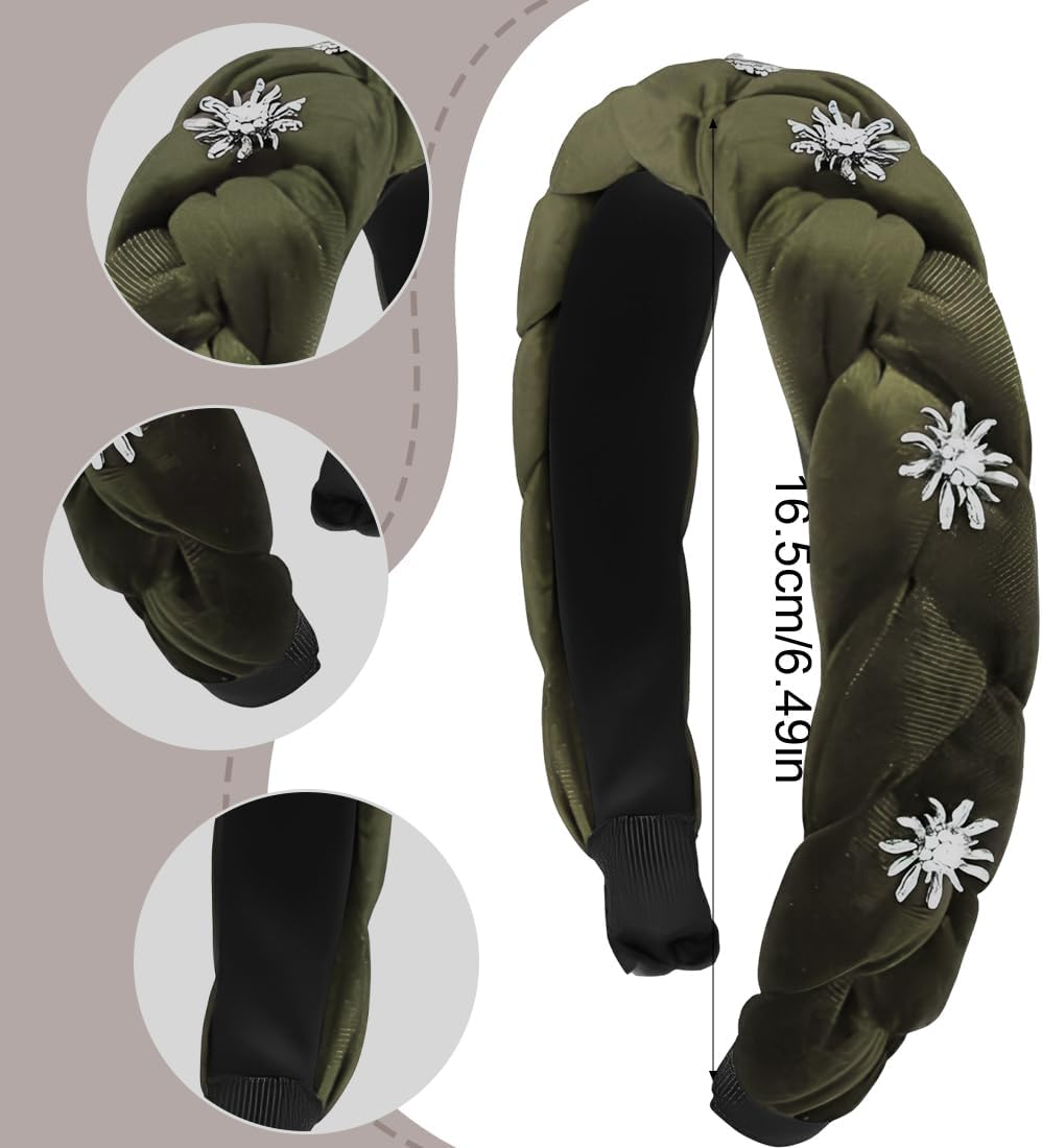 OUDQFCJ Braided Velvet Headband Green for Dirndl Costumes Hair Accessories with Edelweiss for Women Girls Oktoberfest Wiesn Headpiece image number 1