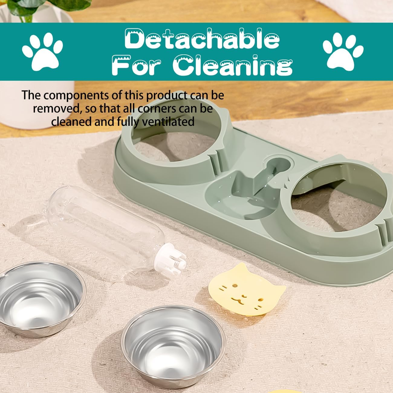 Cat Bowl,Raised Dog Bowls,Water and Food Bowl Set,3 in 1 Pet Feeder and Waterer,15&deg; Tilted anti Vomiting Elevated Cat Dish,Pet Feeding Bowl with Automatic Waterer Bottle for Kitten Puppy Dogs (Green) image number 2
