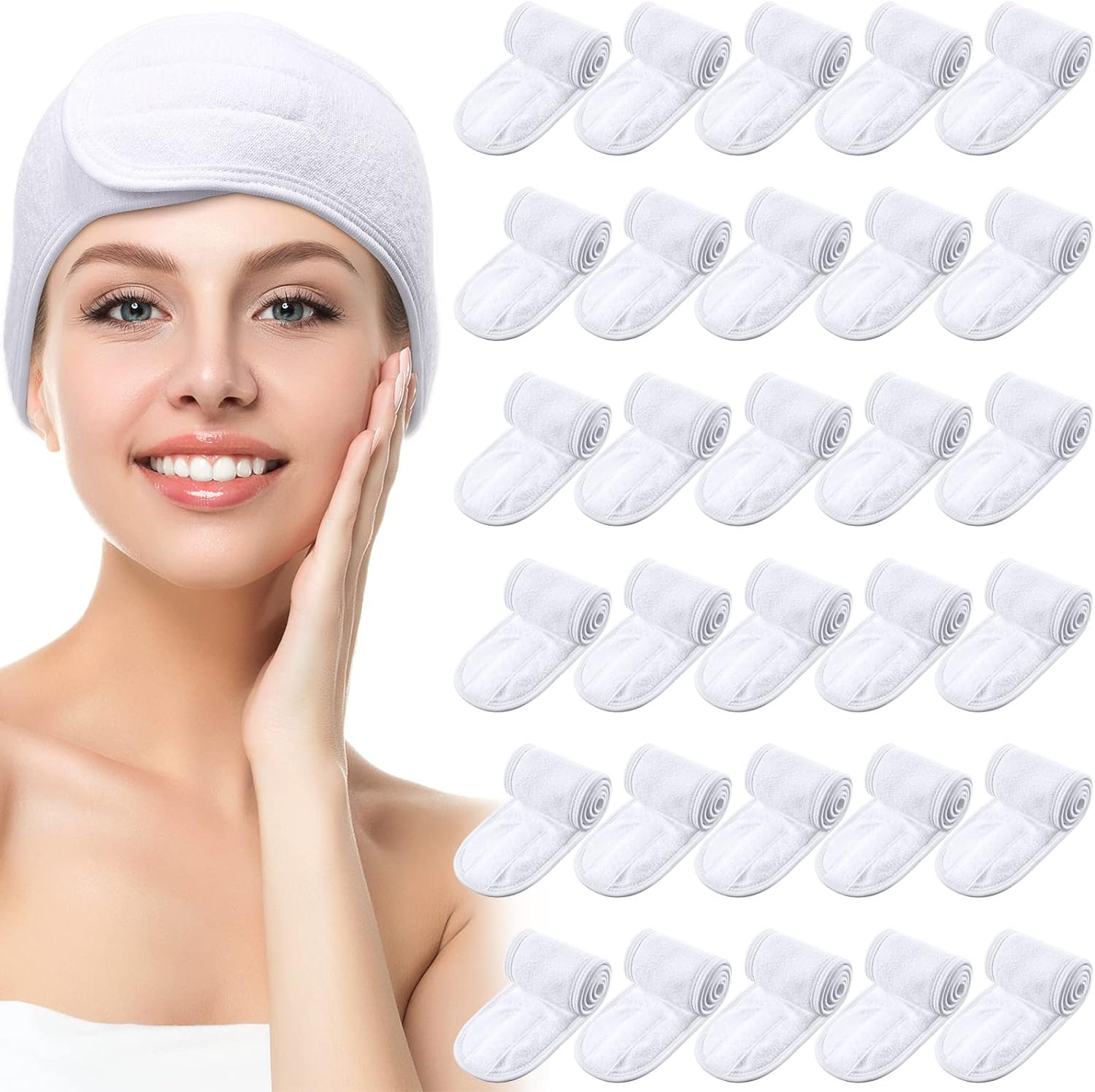 Hoteam 30 Pack Spa Headband Facial Esthetician Hair Wrap for Women Adjustable Makeup Sports Shower Stretch Towel with Tape(White)