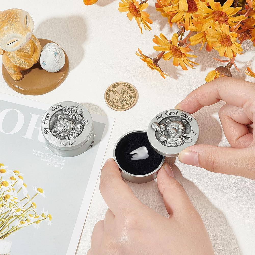FINGERINSPIRE 2 PCS My First Curl & Tooth Bear Keepsake Box - 1.3Inch Inner Size Antique Silver Baby Teeth Collection for Childhood Memory, Alloy Tooth Holder and Curl Organizer Set image number 2