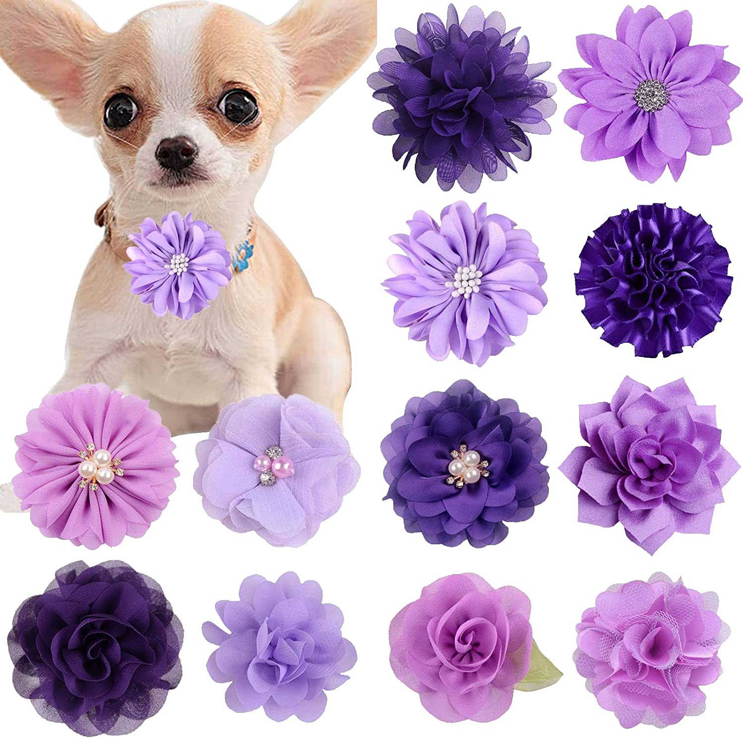 Lopsity 12PCS Pet Collar Flower Bow Collar Detachable Flower Embellishment for Cats Dogs, Pets Supplies for Wedding/Birthday Party (Pink)