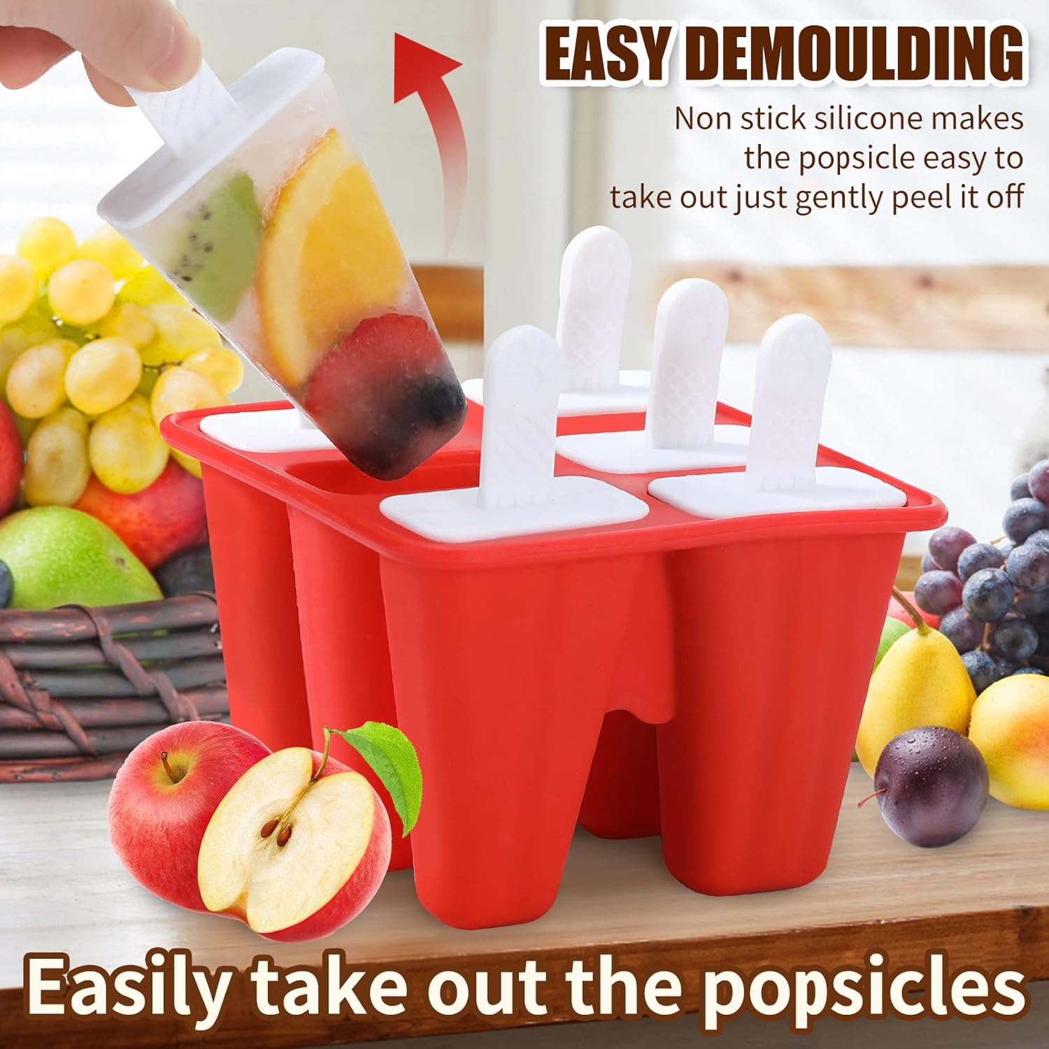 Popsicle Molds,Silicone Ice Pop Molds,Bpa Free Popsicle Mold Reusable Easy Release Ice Pop Maker,Homemade Popsicle Mould with Silicone Funnel and Cleaning Brush (Red, 6 Cavities) image number 2