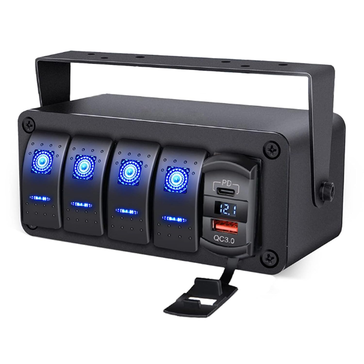 4 Gang Rocker Switch Panel, Waterproof Marine Boat Toggle Rocker Switch Box, PD Type C & QC 3.0 USB, Aluminum Alloy Switch Panel Box for Automotive, Truck, RV, UTV (Blue Light) image number 4
