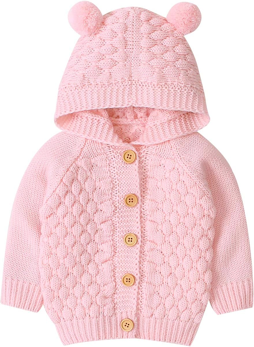 Newborn Baby Girls Boys Knit Cardigan Ear Hooded Sweater, Infant Button-Down Cotton Outfits, Unisex Baby Basic Clothes