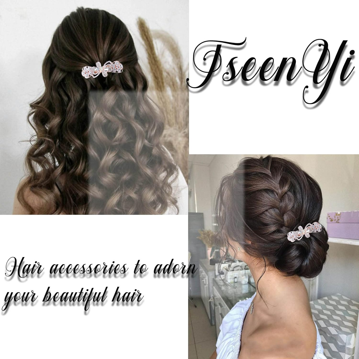 Tseenyi Rhinestone Wedding Hair Clip Bow Crystal Hair Clip Sparkling Bridal Rhinestone Decorative Headwear Crystal Hair Clip Hair Accessories Women and Girls (Gold with Champagne) image number 1