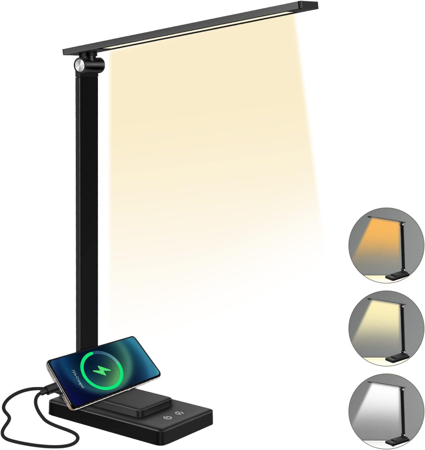 LED Desk Lamp Eye-Caring Touch Control Table Lamp with USB Charging Port 3 Lighting Modes 5 Brightness Levels for Office Study Room Bedroom (White)