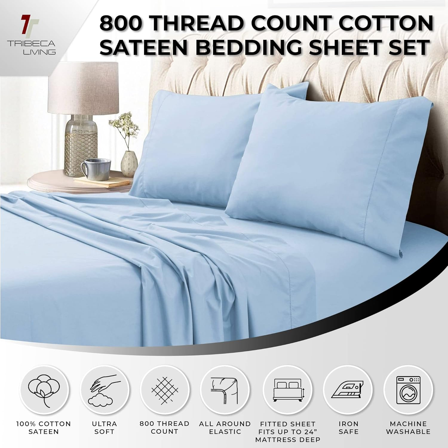 Tribeca Living 800 Thread Count Egyptian Cotton Sateen Extra Deep Pocket Sheet Set, King, Blue